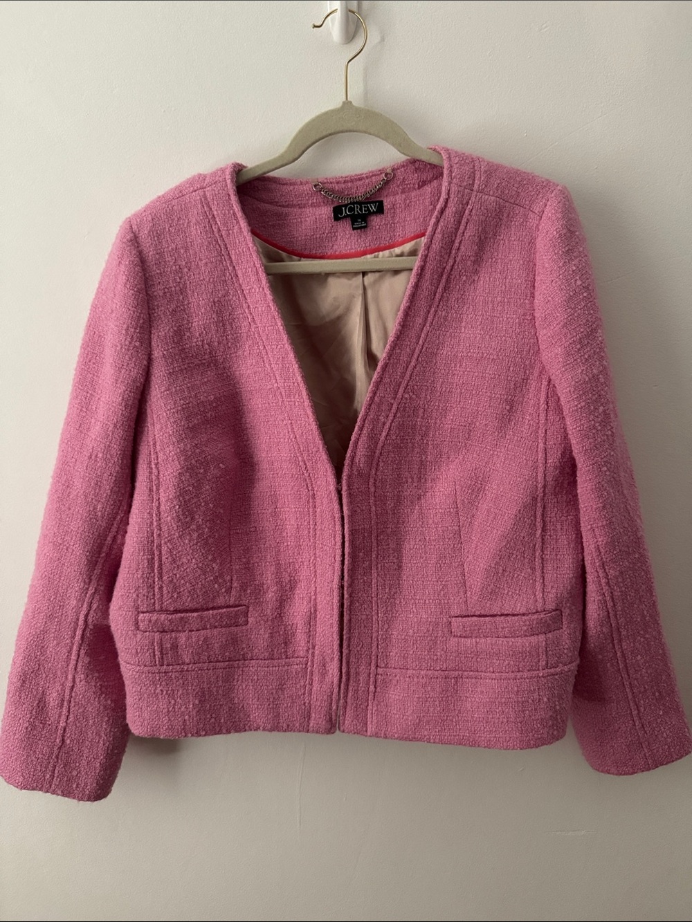 J. Crew Pink Bouclé Collarless Blazer